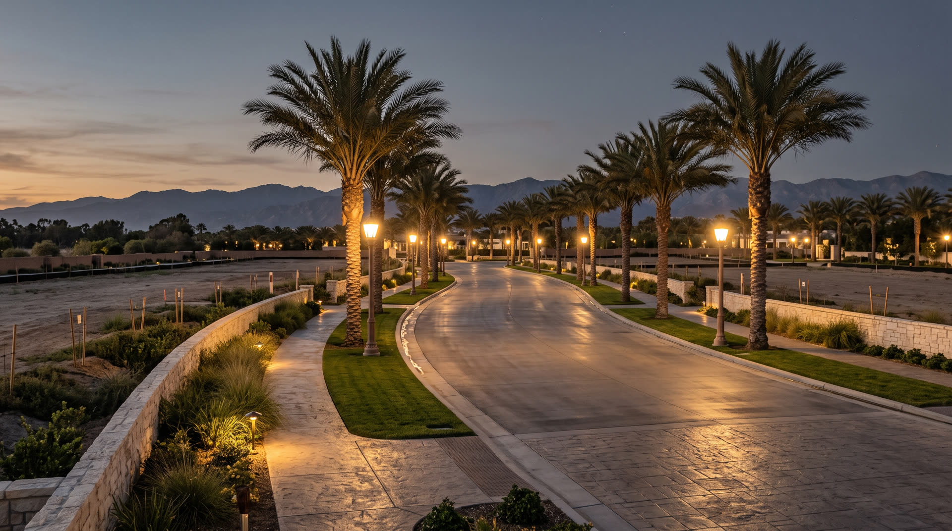 The palm-lined central boulevard at dusk