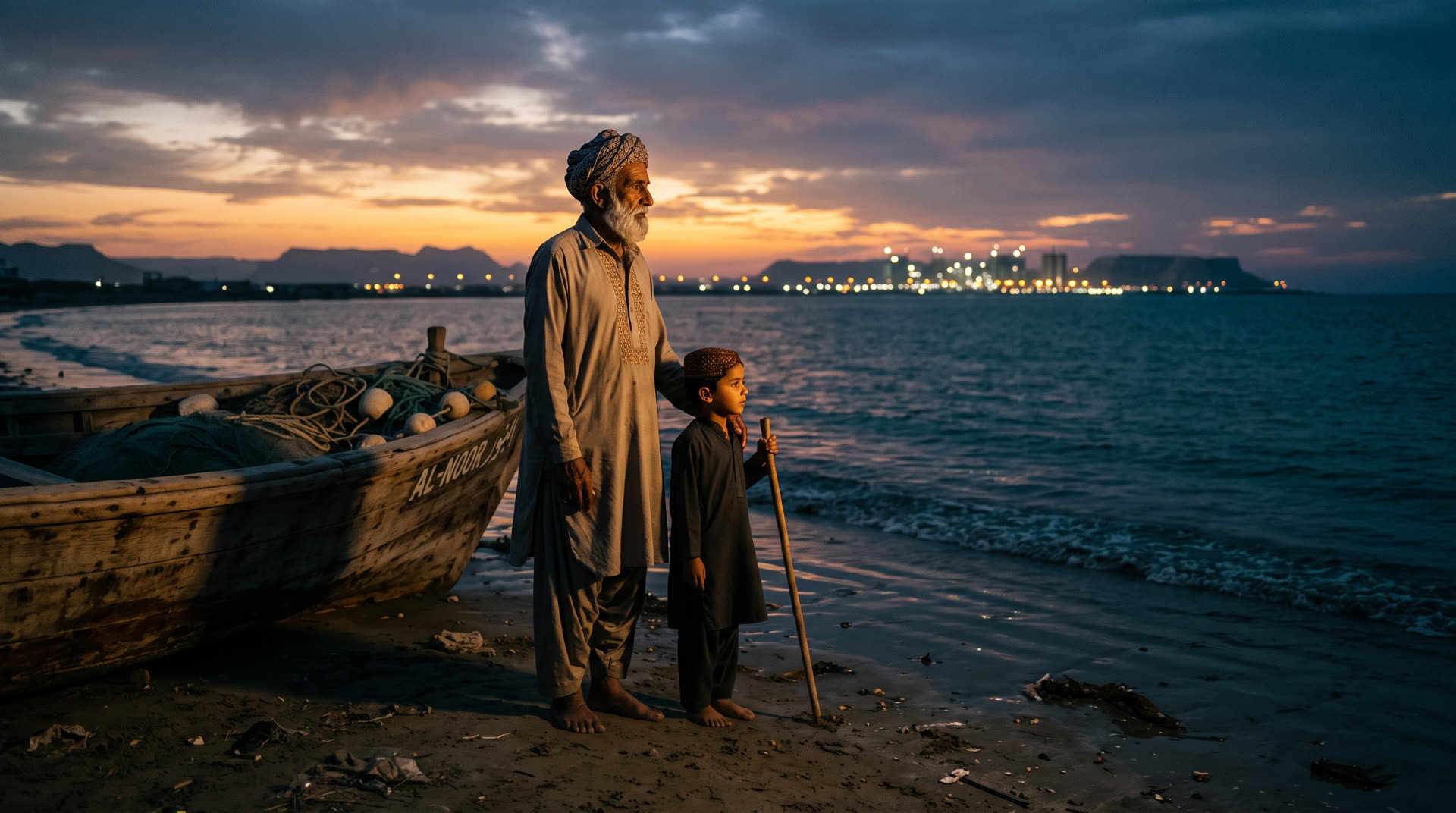 A fisherman and his grandson at dawn on a Gwadar beach