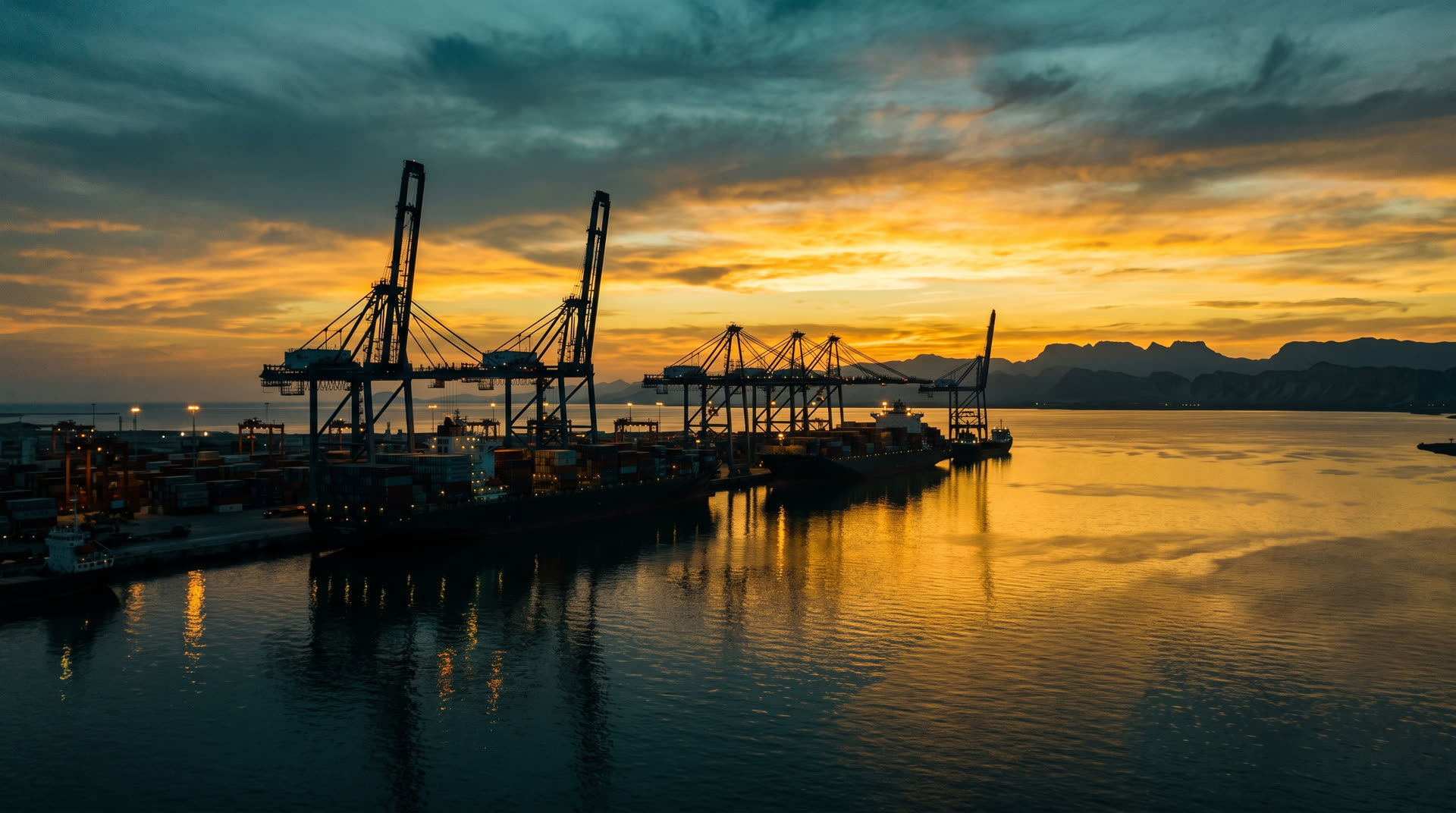 Gwadar port at dusk with ships and cranes