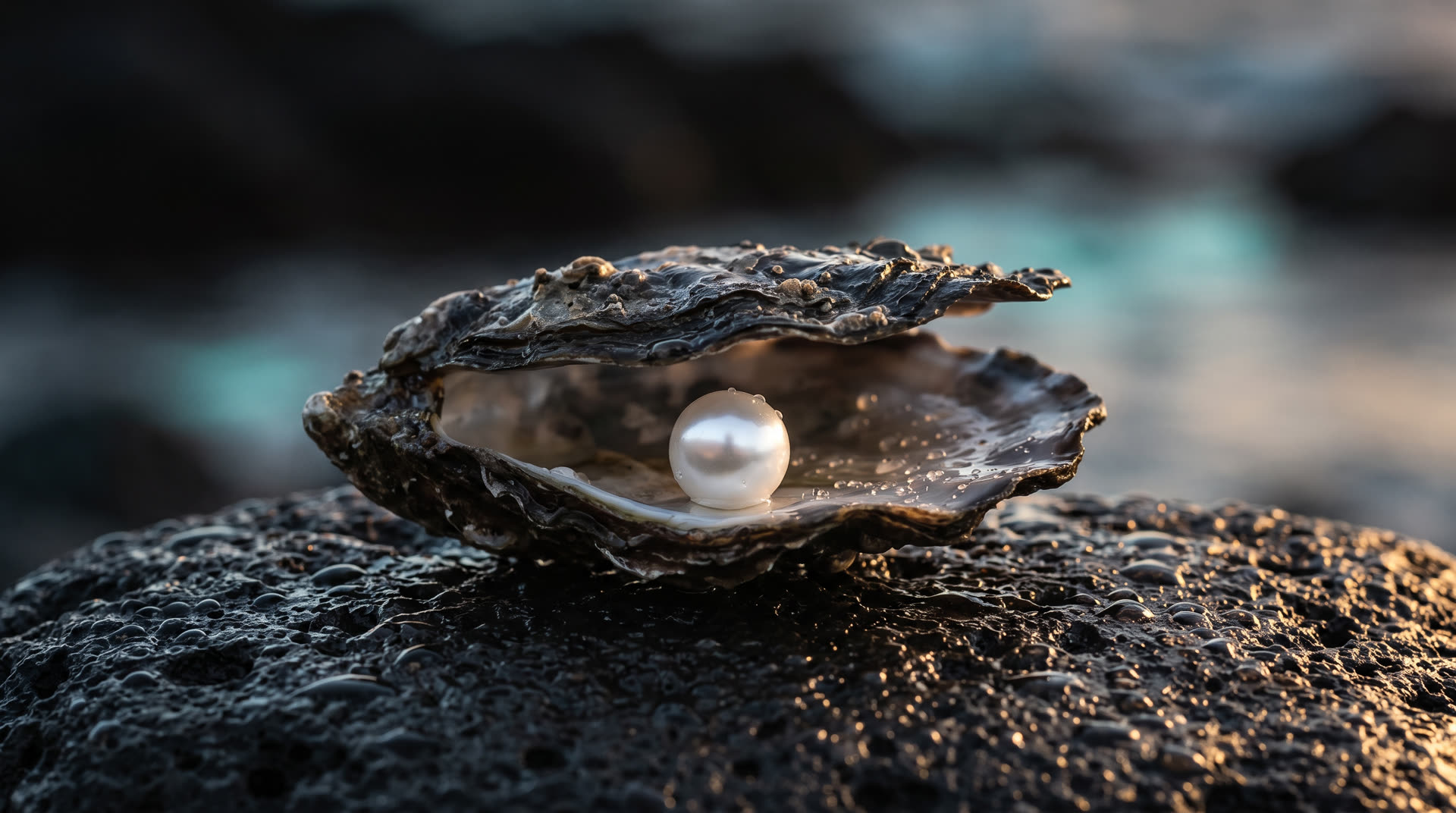 A pearl resting in an oyster shell at dusk