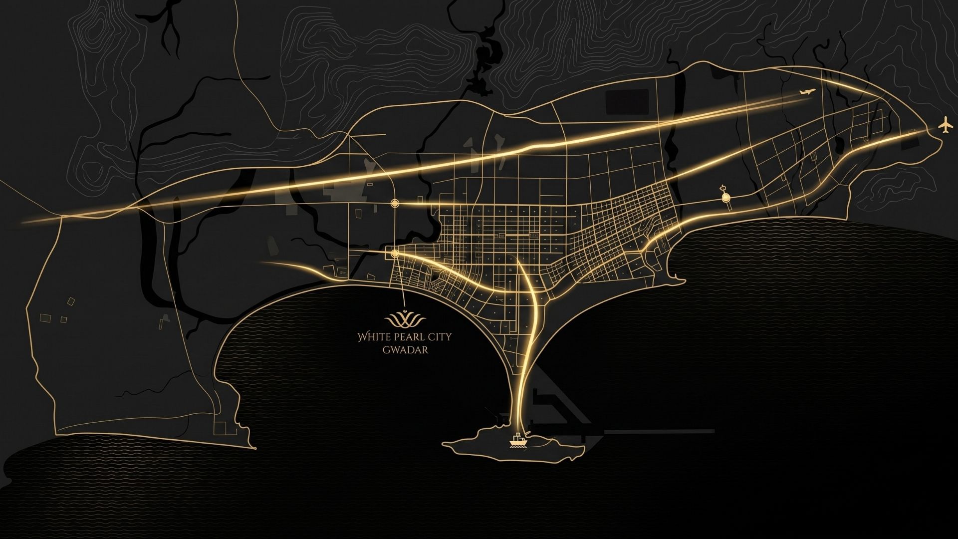 Gwadar traced in gold light at night